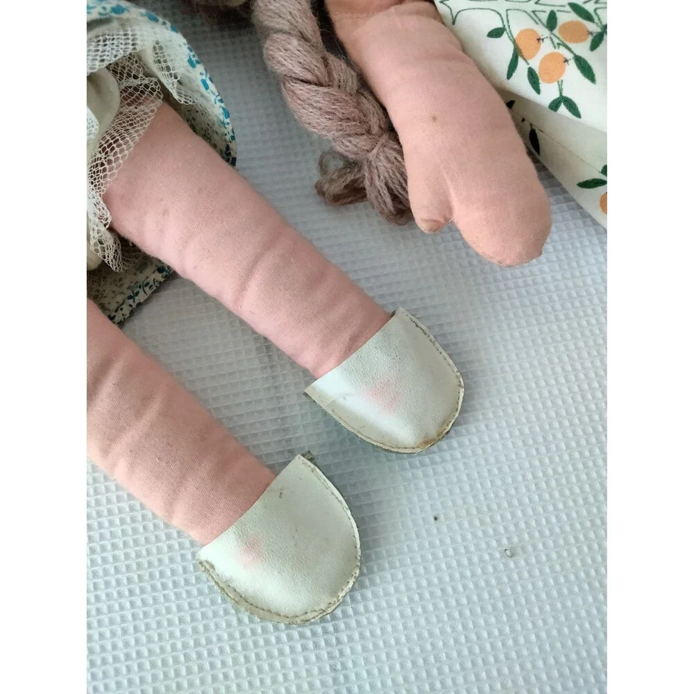 Charming Vintage 1960s Pair of Folk Art Reversible Happy/Sleepy Face Cloth Dolls